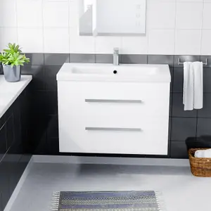 Nes Home Nanuya 800mm Gloss White Wall Hung 2 Drawer Vanity Cabinet & Ceramic Basin Sink