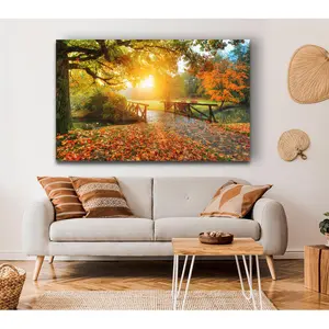 Woodland Bridge Autumn Tranquility - Wrapped Canvas Print 35.6cm H x 50.8cm W