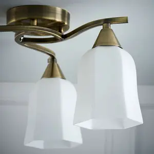 Semi Flush Ceiling Light Antique Brass Opal Glass 3 Bulb Down Lamp Shade Pendant