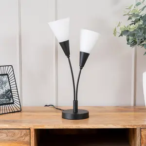 ValueLights Kristina Black 2 Arm Table Lamp with White Frosted Glass Shades