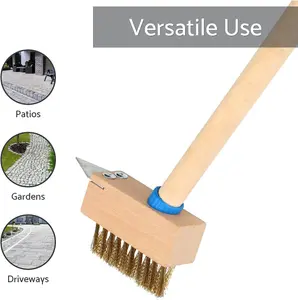 Heavy-Duty Weed Remover Tool with Long Wooden Handle, 120cm Wire Brush Patio Cleaner, Angled Brass Bristles, Steel Blade Scraper,