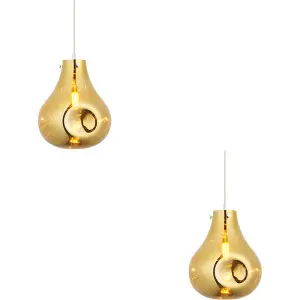 2 PACK Hanging Ceiling Pendant Light - Large Gold Metallic Glass & Chrome Plate - 10W LED E27