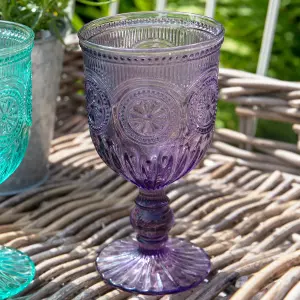 Set of 4 Vintage Luxury Embossed Purple & Turquoise Embossed Drinking Wine Glass Wine Goblets 290ml