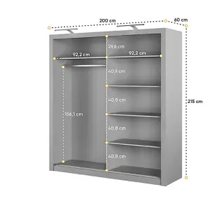 Sleek Mirrored Sliding Door Wardrobe with Shelves and Hanging Rail in Grey  - Comprehensive Storage H2150mm x W2000mm x D600mm