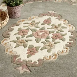 Grey Traditional Wool Rug, Handmade Rug with 25mm Thickness, Grey Floral Rug for Bedroom, & Dining Room-120cm (Circle)