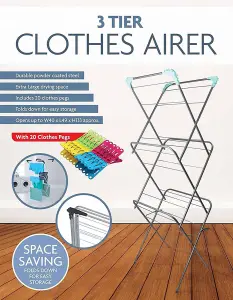 3-Tier Clothes Airer Rack with 20 Pegs & 12M Drying Space-Perfect for Indoor & Outdoor Drying