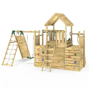 Rebo Modular Wooden Climbing Frame Playset - M26 Swings, Monkey Bars & Den