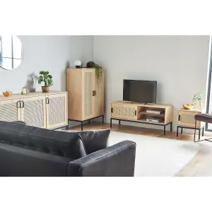 VonHaus Rattan TV Unit - Light Wood Effect TV Cabinet - Entertainment Unit w/Storage Cupboard & 2 Open Shelves for TV's up to 55"