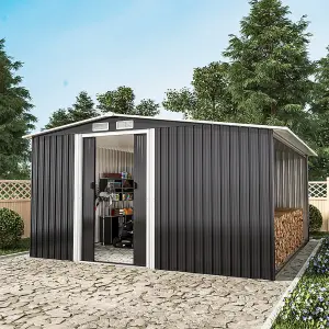 8.4 x 8.5 ft Metal Shed Garden Storage Shed Apex Roof Double Door with 8.5 x 2.1 ft Log Store,Black