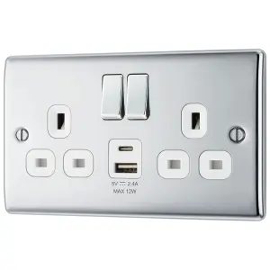 BG Polished Chrome Double 13A 12W Raised slim Switched Screwed Socket with USB, x2 & White inserts