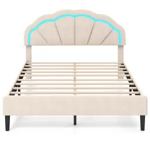 COSTWAY King Size Upholstered LED Bed Frame Kids Platform Bed w/ Adjustable Headboard