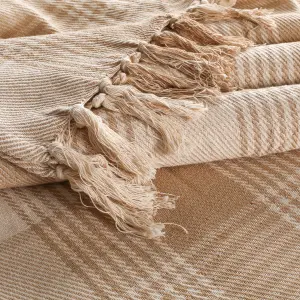 EHC Premium Reversible 100% Cotton Large 150 x 200 cm Tartan Throws for Sofa, Armchair Bedspread, Beige