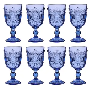 Set of 8 Luxury Blue Embossed Drinking Wine Glass Wine Goblets 300ml