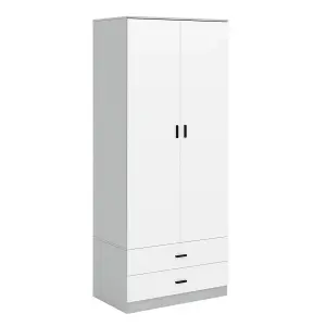 URBNLIVING 180cm Tall Wooden 2 Door Wardrobe Grey Carcass and White Drawers With 2 Drawers Bedroom Storage Hanging Bar Clothes