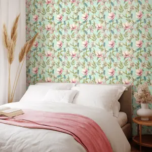 Hoopla Walls Orchid Bloom Duck Egg & Blush Smooth Matt Wallpaper