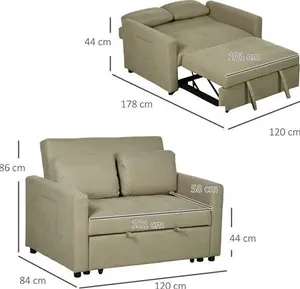 HOMCOM Loveseat Sofa Bed, Convertible Bed Settee With 2 Cushions, Side Pockets For Living Room, Light Brown