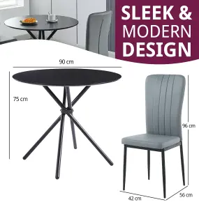 Hallowood Furniture Cullompton Small Black Round Dining Table 90cm with 2 Light Grey Faux Leather Chairs