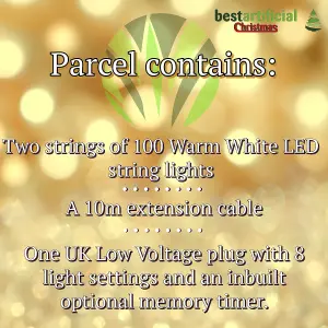 200 Warm White LED's 20m/65ft Black Cable MAINS Power Connectable Indoor Outdoor Waterproof String Lights Garden Party