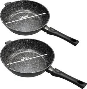 Stonewell 2PC 24cm & 28cm Deep Non-Stick Frying Pans with Durable Stone Coating and Glass Lids