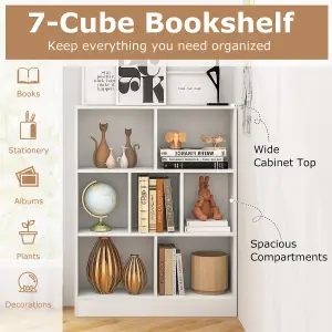 COSTWAY 7-Cube Bookshelf 3-Tier Cubby Storage Organizer Wooden Cube Bookcase