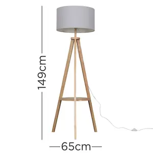 Ismay 149 cm Morrigan Wood Tripod Floor Lamp with Shelf & XL Reni Shade Light Brown / Grey / No