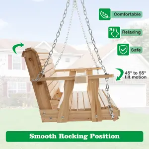 Costway 2-Person Porch Hanging Swing Chair Wooden Garden Swing Bench W/ Cup Holders