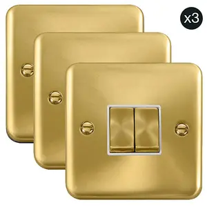 3 PACK - Curved Satin / Brushed Brass 10A 2 Gang 2 Way Ingot Light Switch - White Trim - SE Home