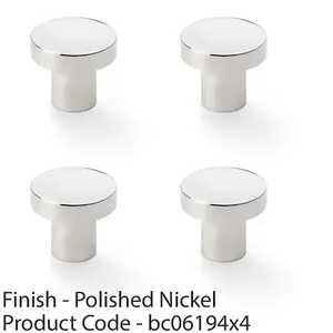 4 PACK - Slim Round Door Knob - Polished Nickel 30mm Modern Cupboard Cabinet Pull Handle