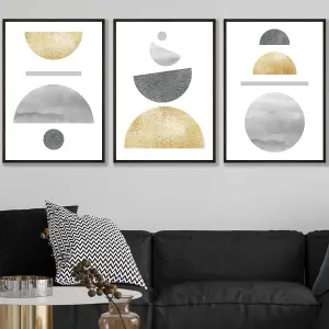 Set of 3 Golden Yellow and Grey Abstract Mid Century Geometric Wall Art Prints / 50x70cm / Black Frame