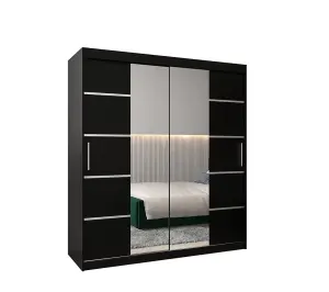 Verona 04 Contemporary 2 Mirrored Sliding Door Wardrobe 9 Shelves 2 Rails Black Matt (H)2000mm (W)1800mm (D)620mm