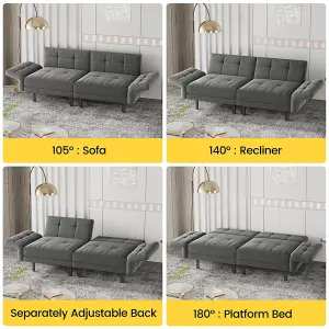 Yaheetech 2 Seater Velvet Convertible Sofa Bed with 4 Pillows - Grey