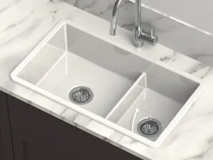 Clearwater Metro Ceramic White Kitchen Sink Double Bowl Undermount/ Inset - MET1080 + Waste Kit