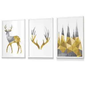 Set of 3 Geometric Yellow Grey Stags Set Wall Art Prints / 30x42cm (A3) / White Frame