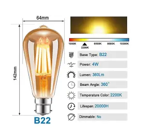 6W LED Filament Light Bulb B22 Base, 2200K