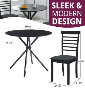 Hallowood Furniture Cullompton Small Round Dining Table 90cm with 2 Black Finish Fabric Chairs