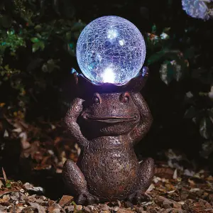 Solar Powered LED Frog Garden Ornament - Hand Painted Polyresin Sculpture with Light Up Crackle Glass Ball - H38 x W21 x D15cm