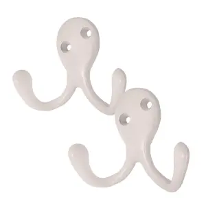 2 x Satin White Double Coat Hooks, Door & Wall Robe Dress Garment Hangers