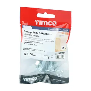 Timco - Carriage Bolts & Hex Nuts - Zinc (Size M8 x 50 - 4 Pieces)