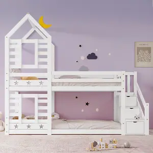 Bunk Bed Storage Children Cabin Bed Single Bed with Window for Kids, Twin Sleeper 190x90 cm, Solid Pine Wood, 3FT, White