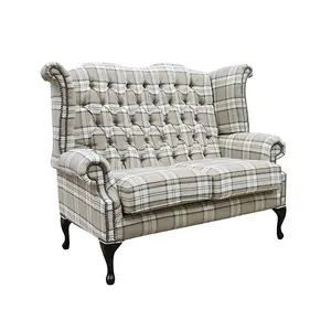 Chesterfield Handmade 2 Seater High Back Sofa Lana Beige Fabric In Queen Anne Style