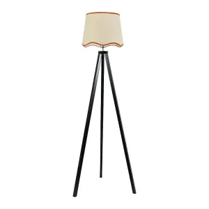 ValueLights Barbro Black Wood Tripod Floor Lamp with Natural Linen Scallop Rust Edge Shade