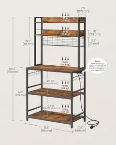 VASAGLE Kitchen Storage Rack with Power Outlet, Coffee Bar, Baker's Rack, with Wire Panel, Hooks, Rustic Brown and Ink Black