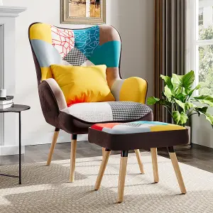 Multicoloured Upholstered Wingback Armchair with Footrest and Lumbar Pillow