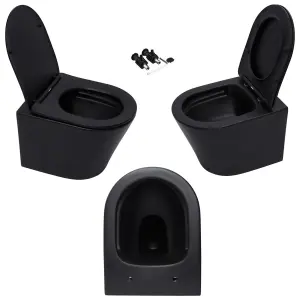 Matt Black Hidden Fixation Rimless Wall Hung Toilet Pan & GROHE 1.13m Concealed WC Cistern Frame