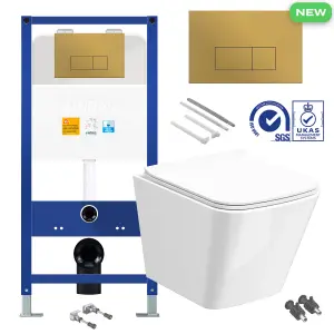 Bubly Bathrooms™ Square Rimless Wall Hung Toilet with 1.10m Concealed WC Cistern Frame -  Brushed Brass Plate