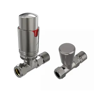 Right Radiators Satin Nickel Straight TRV Thermostatic Radiator valve & lockshield 15mm x 1/2"