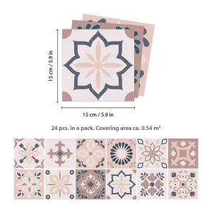 24 Pieces 15x15cm Menara Pink and Grey Cement Moroccan Tile Stickers