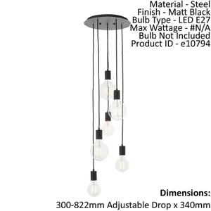 Ceiling Pendant Light Matt Black 6 x 10W LED E27 Dimmable Six Lights