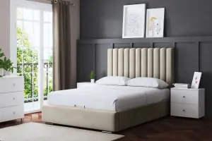 Evangeline Beige Upholstered Panel Bed with Headboard and Ottoman Storage Super King