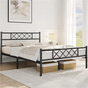 Yaheetech Black 5ft King Metal Bed Frame with Cross-design Headboard & Footboard